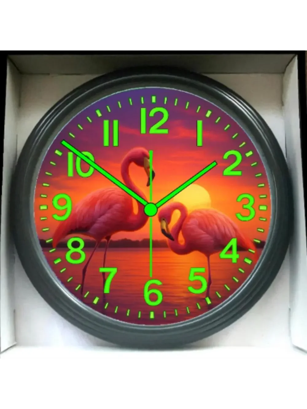 Flamingo Sunset Paradise Glow in the Dark Wall Clock New!